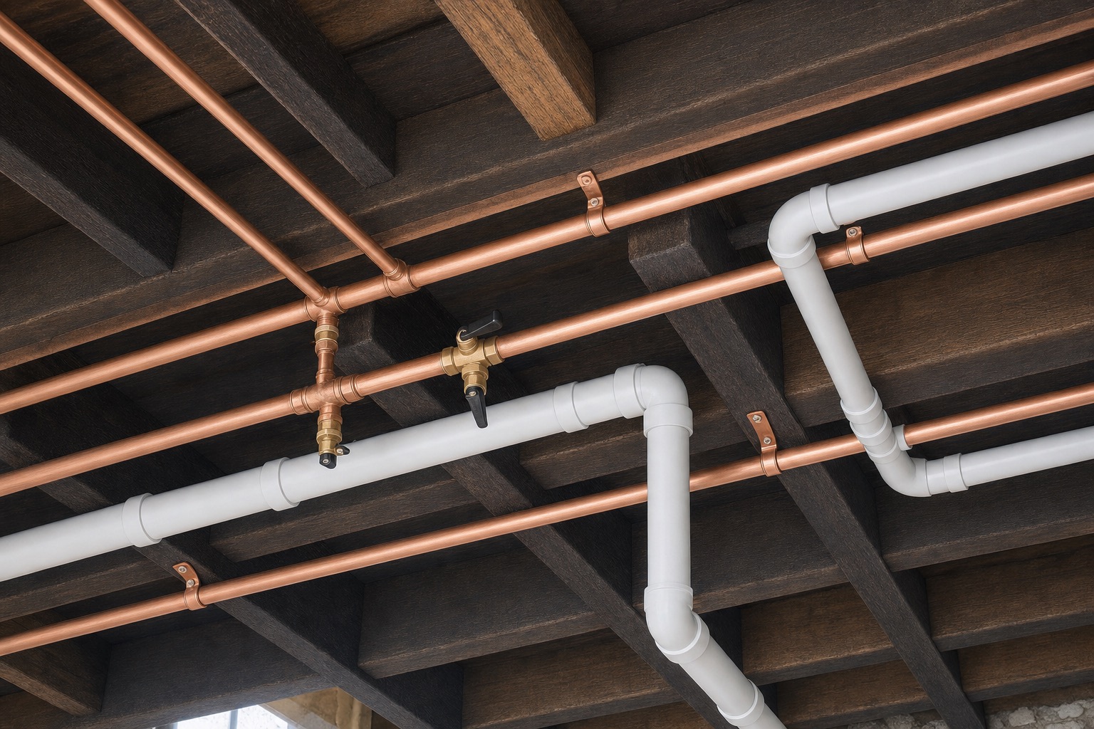 After: the same joists carrying straight parallel copper water lines and neat drain lines on evenly spaced straps.