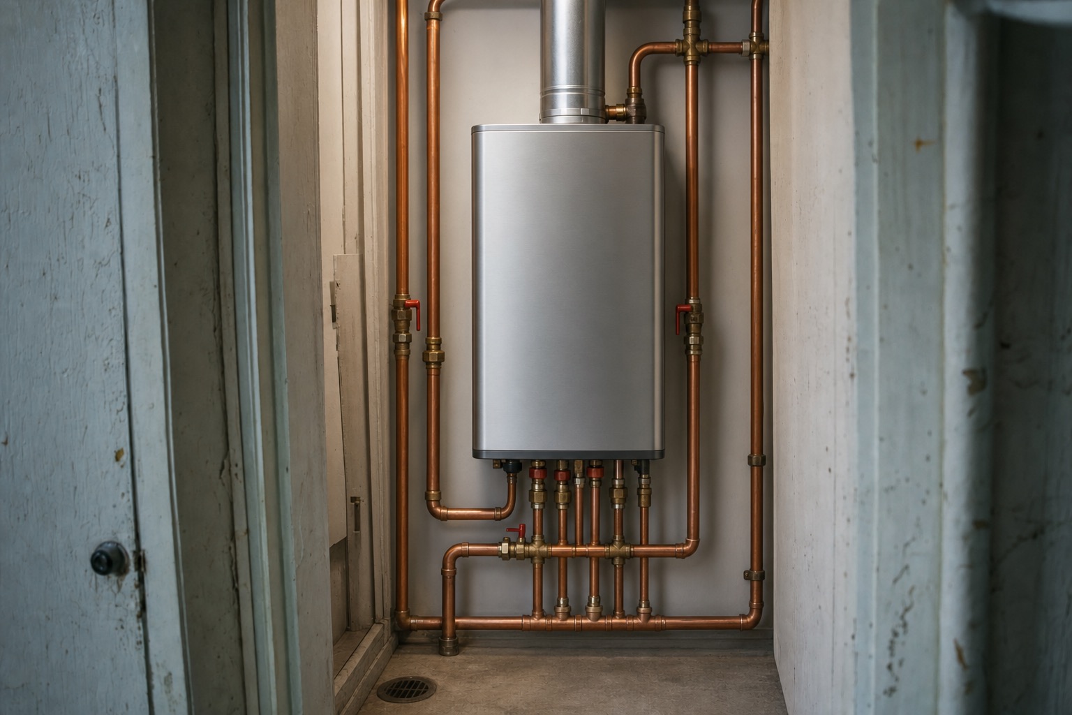After: the same closet with a compact wall-mounted tankless heater and a clean symmetric copper manifold.