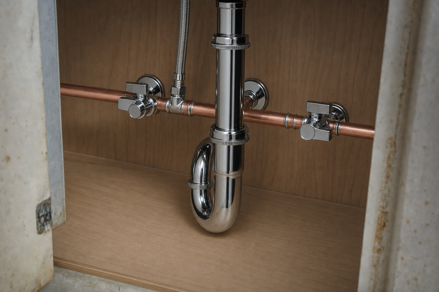 After: the same cabinet with new polished copper supply lines, chrome quarter-turn shutoff valves, and a dry new plywood floor.