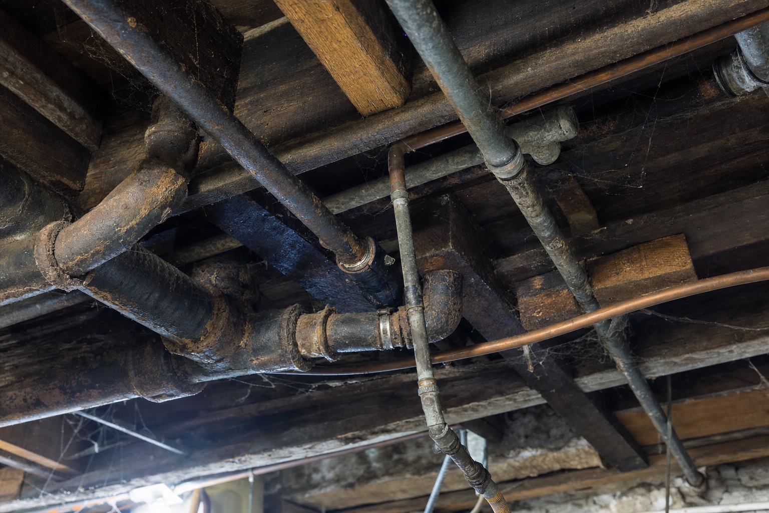 Before: a chaotic tangle of corroded galvanized and cast iron pipes running between basement joists, patched with tape and clamps.