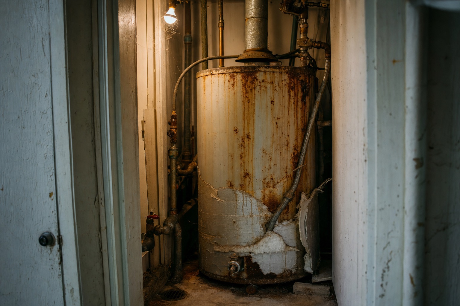 Before: a rusted forty-gallon tank water heater in a cramped closet, surrounded by a tangle of mismatched pipe.