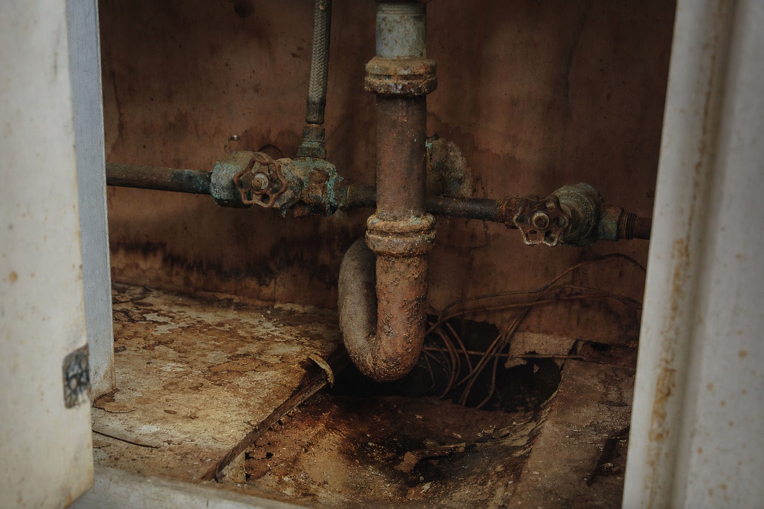 Before: corroded galvanized supply pipes under a kitchen sink, heavy rust and blue-green corrosion, water-stained cabinet floor.
