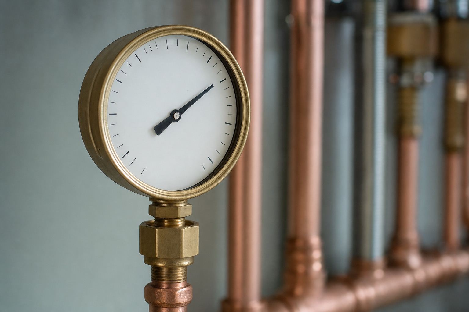 A brass pressure gauge threaded onto a new copper manifold, its needle steady.