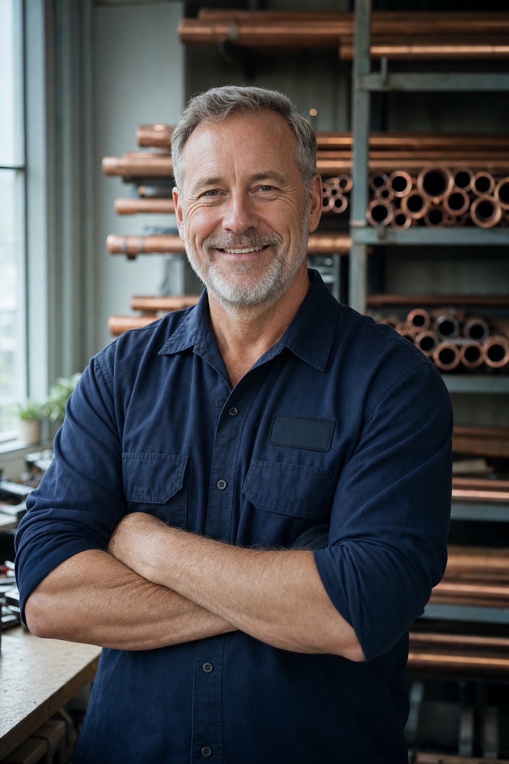 Marcus Vance, master plumber, smiling with his arms crossed in his workshop, copper pipe racked behind him.