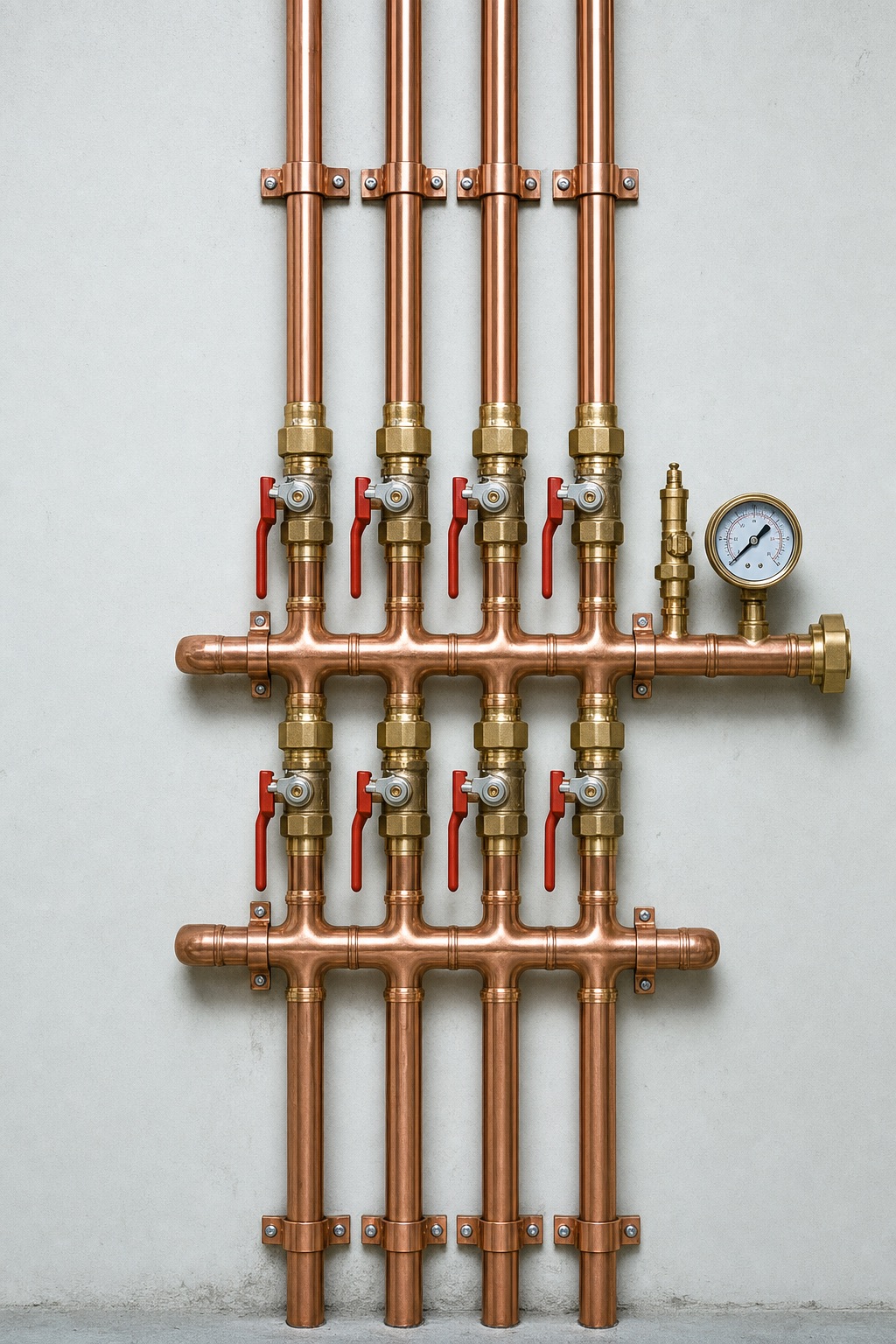 A finished copper manifold on a basement wall: parallel polished risers, symmetric brass ball valves, evenly spaced straps and a pressure gauge.